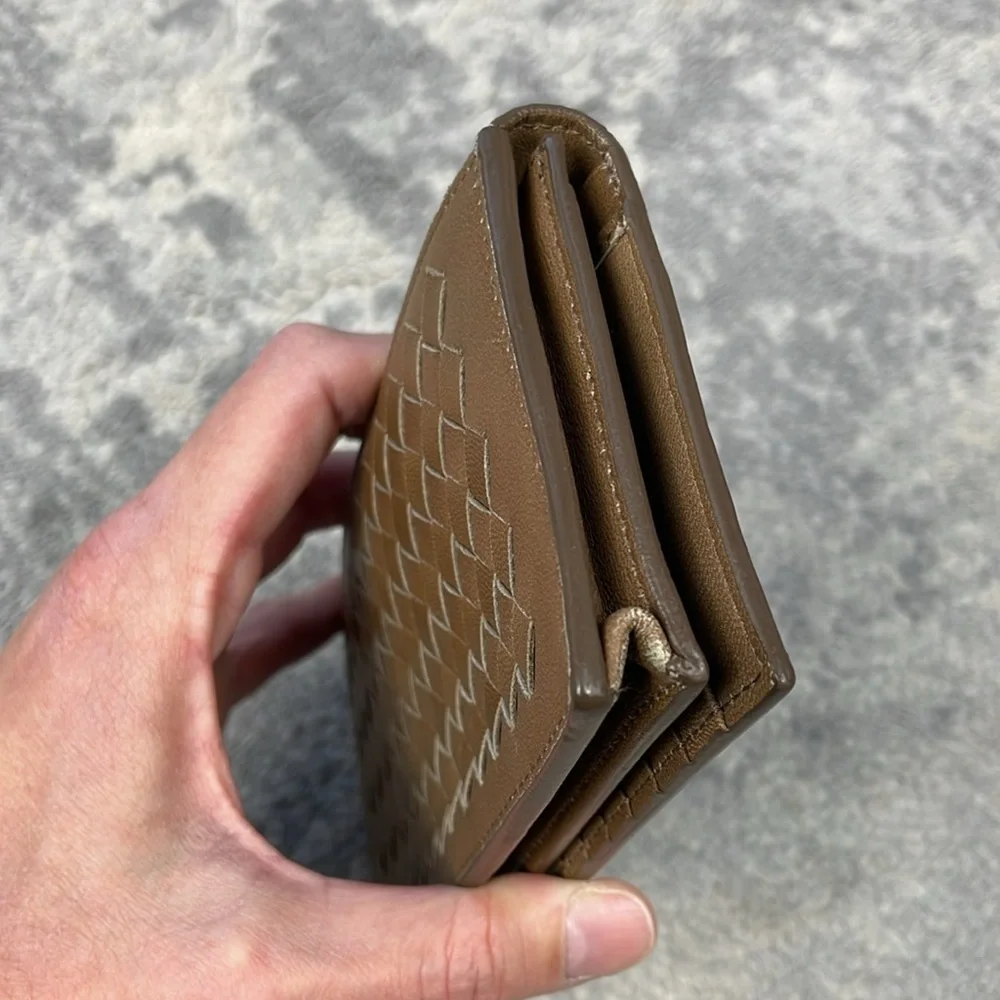 Bottega Veneta Intrecciato Long Wallet Bifold Milk Chocolate Brown Woven Leather